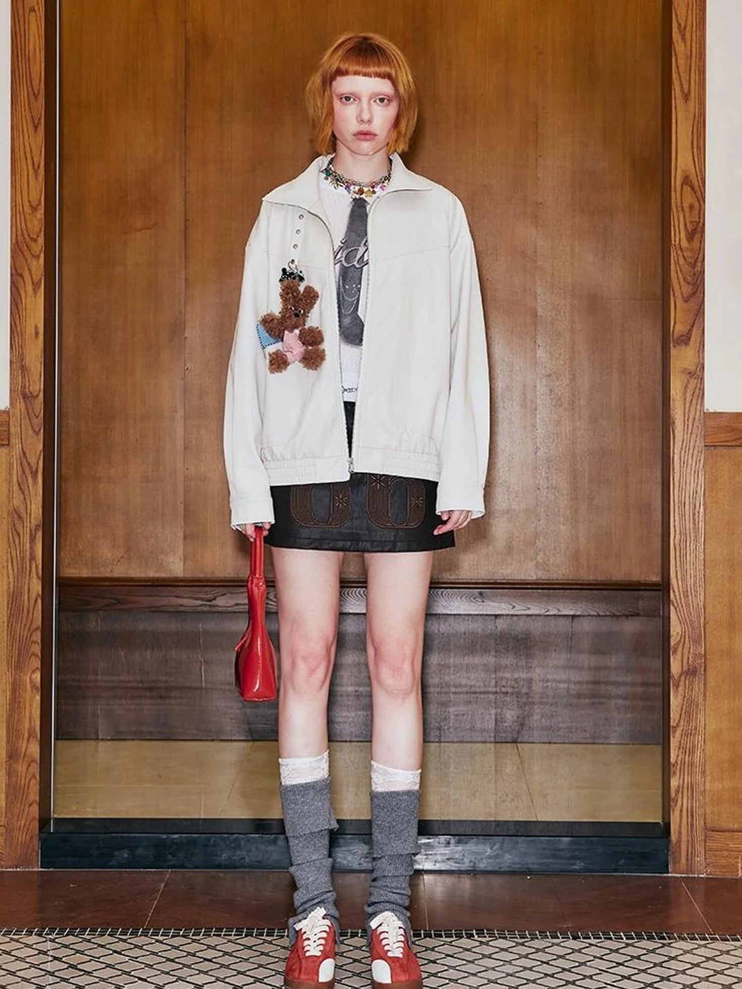 Deconstructed Bow Embroidered Oversized Pu Leather Jacket