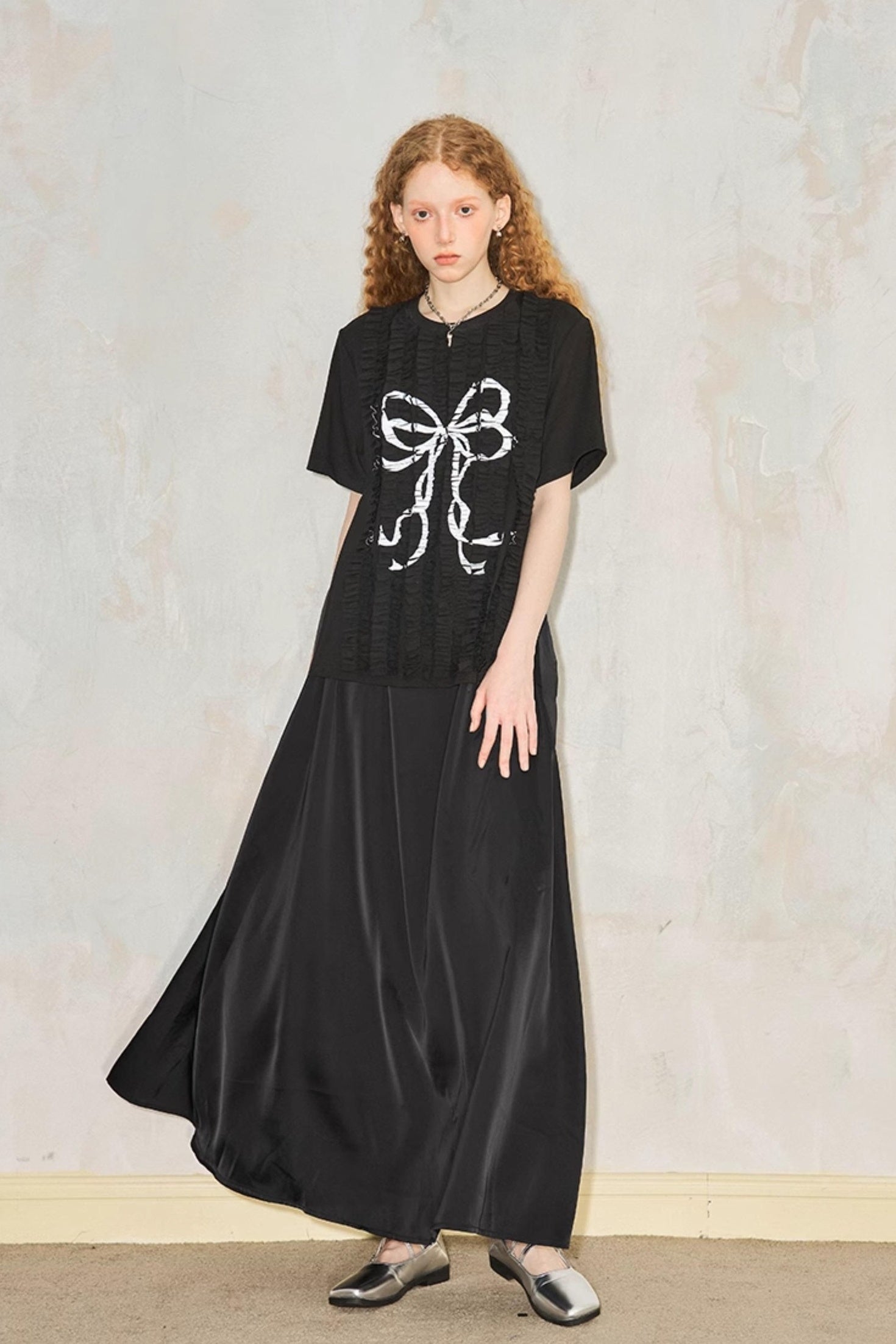 DIDDI MODA Deconstructed Bow Pleat Print Tee Dress