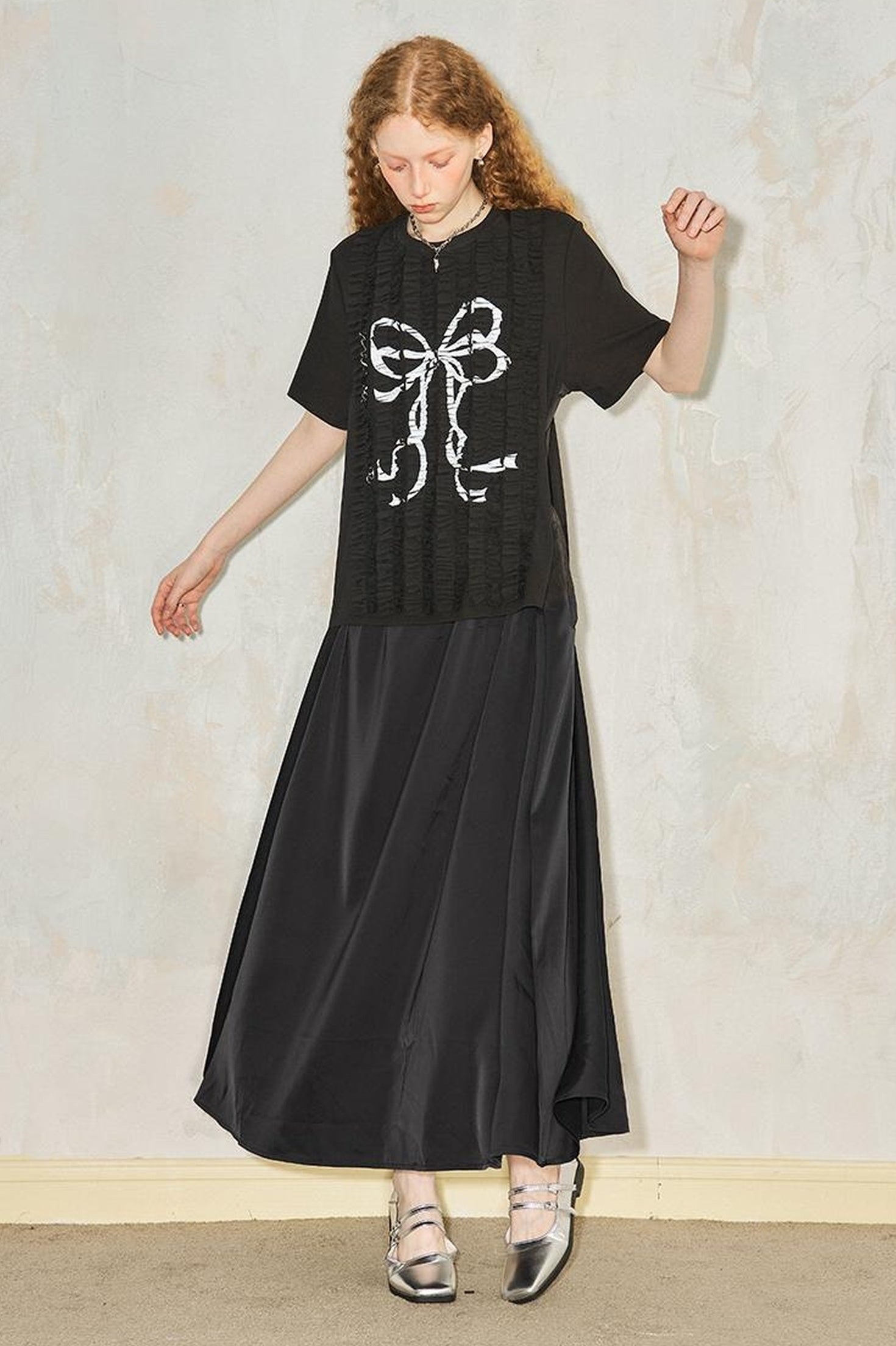 DIDDI MODA Deconstructed Bow Pleat Print Tee Dress