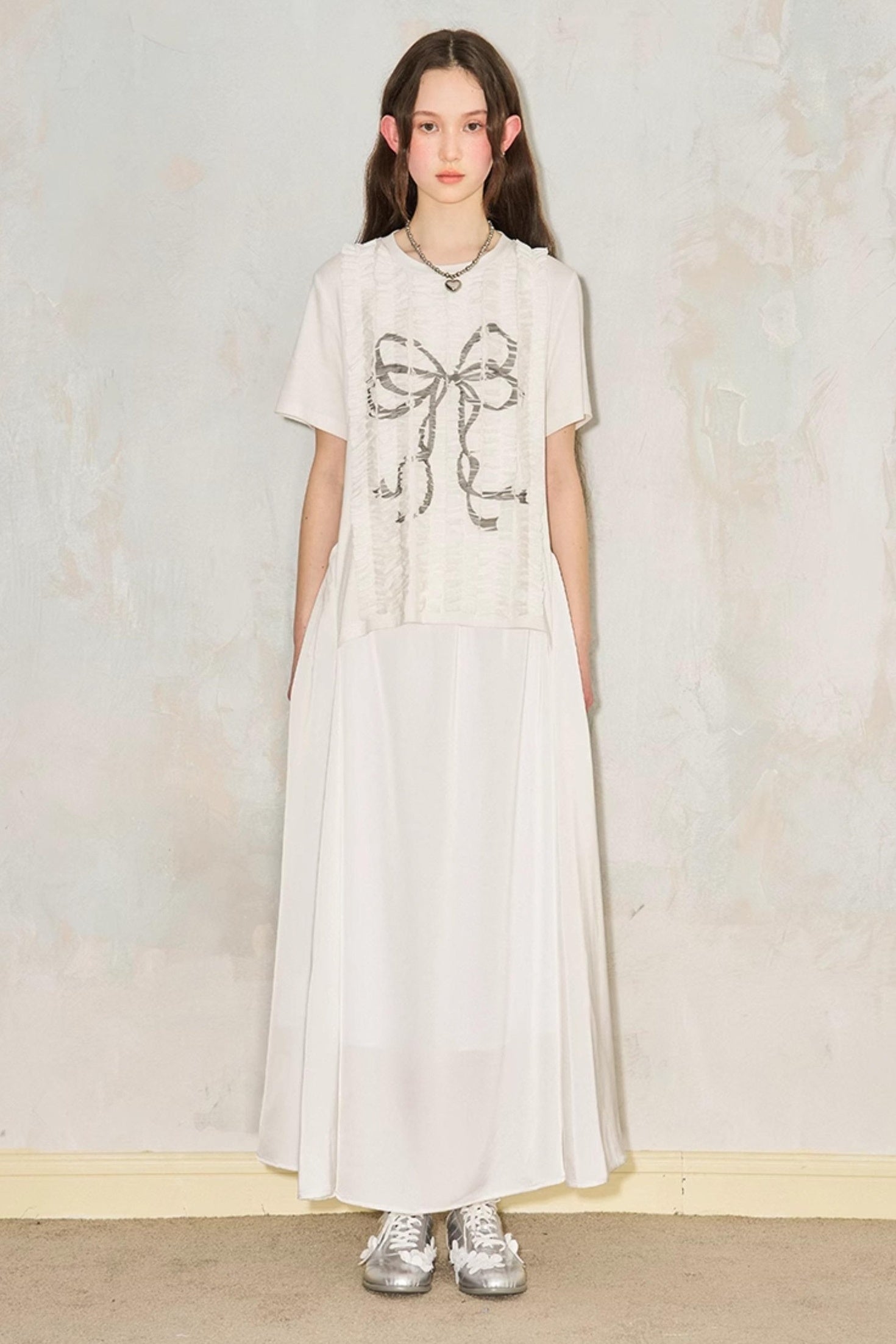 DIDDI MODA Deconstructed Bow Pleat Print Tee Dress