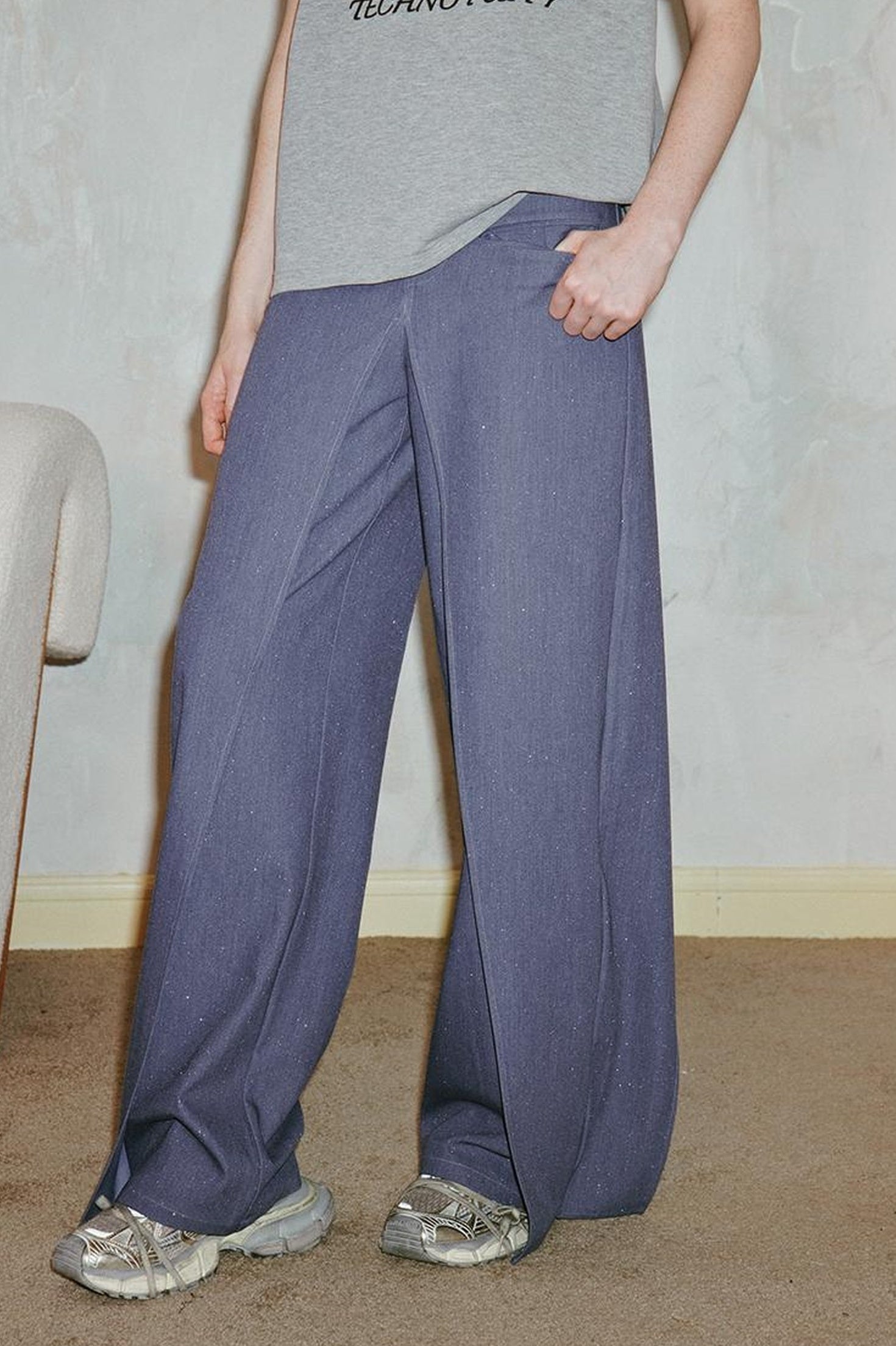 DIDDI MODA Deconstructed Glittery Wide Leg Banana Pants With Asymmetrical Panels