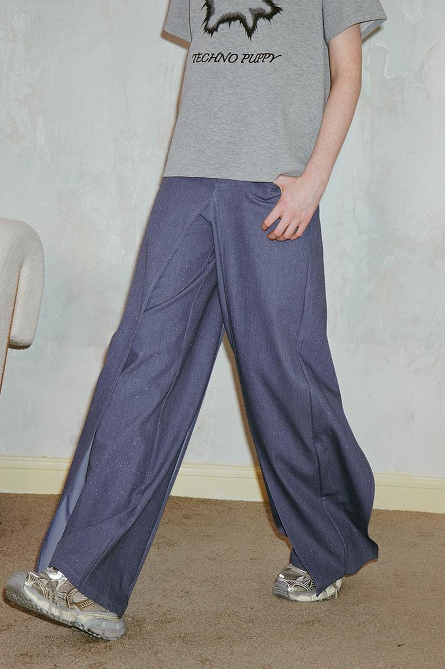 DIDDI MODA Deconstructed Glittery Wide Leg Banana Pants With Asymmetrical Panels