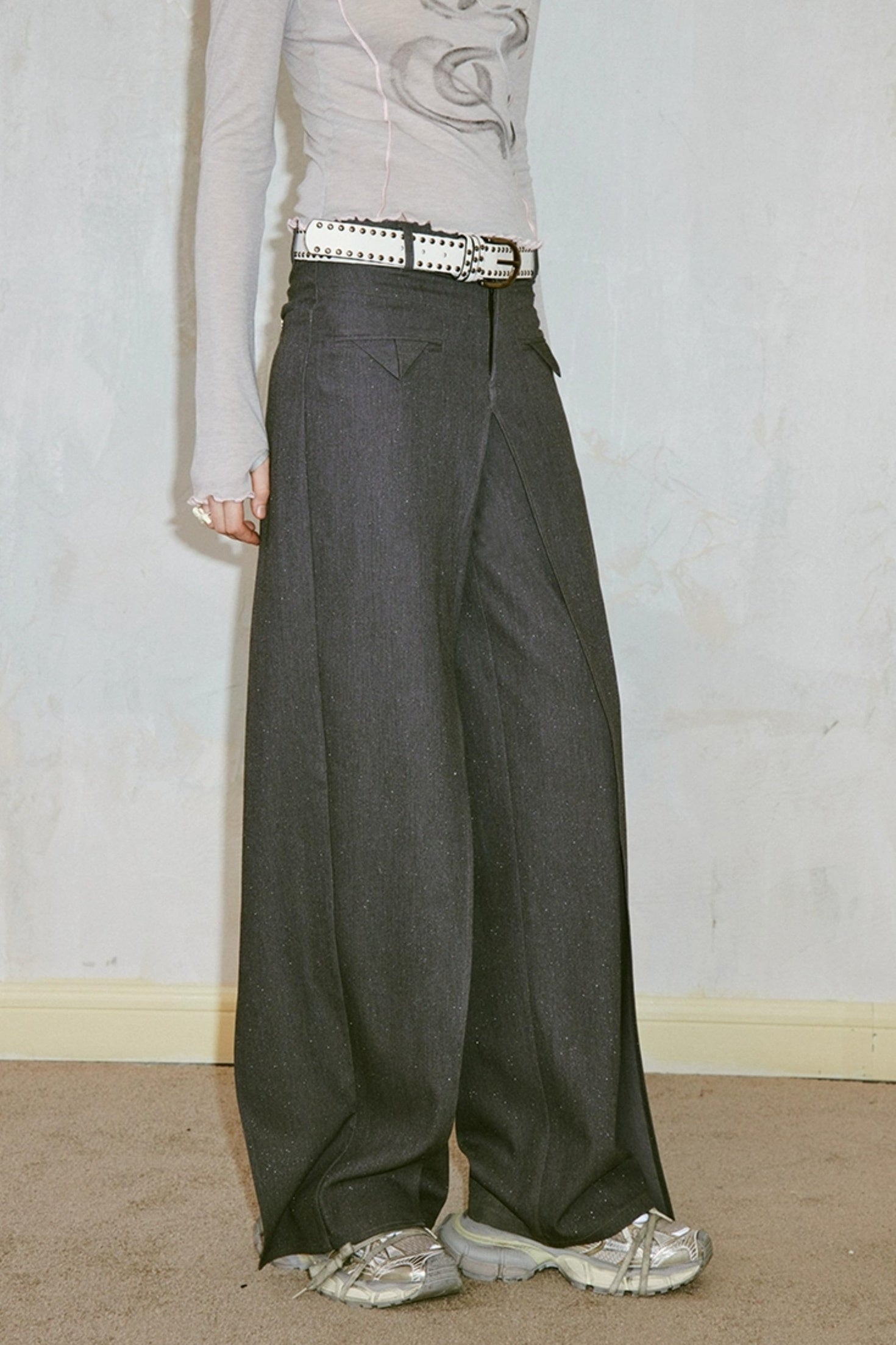 DIDDI MODA Deconstructed Glittery Wide Leg Banana Pants With Asymmetrical Panels