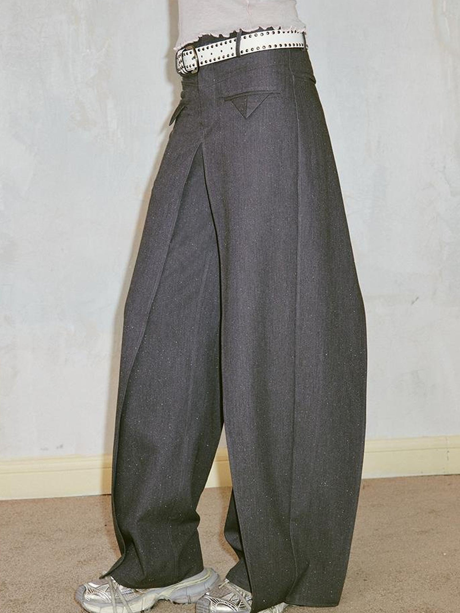 Deconstructed Glittery Wide Leg Banana Pants With Asymmetrical Panels