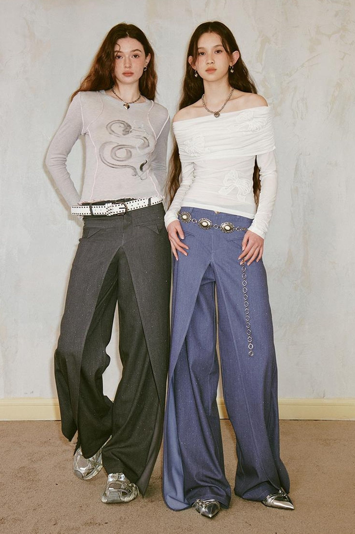 DIDDI MODA Deconstructed Glittery Wide Leg Banana Pants With Asymmetrical Panels