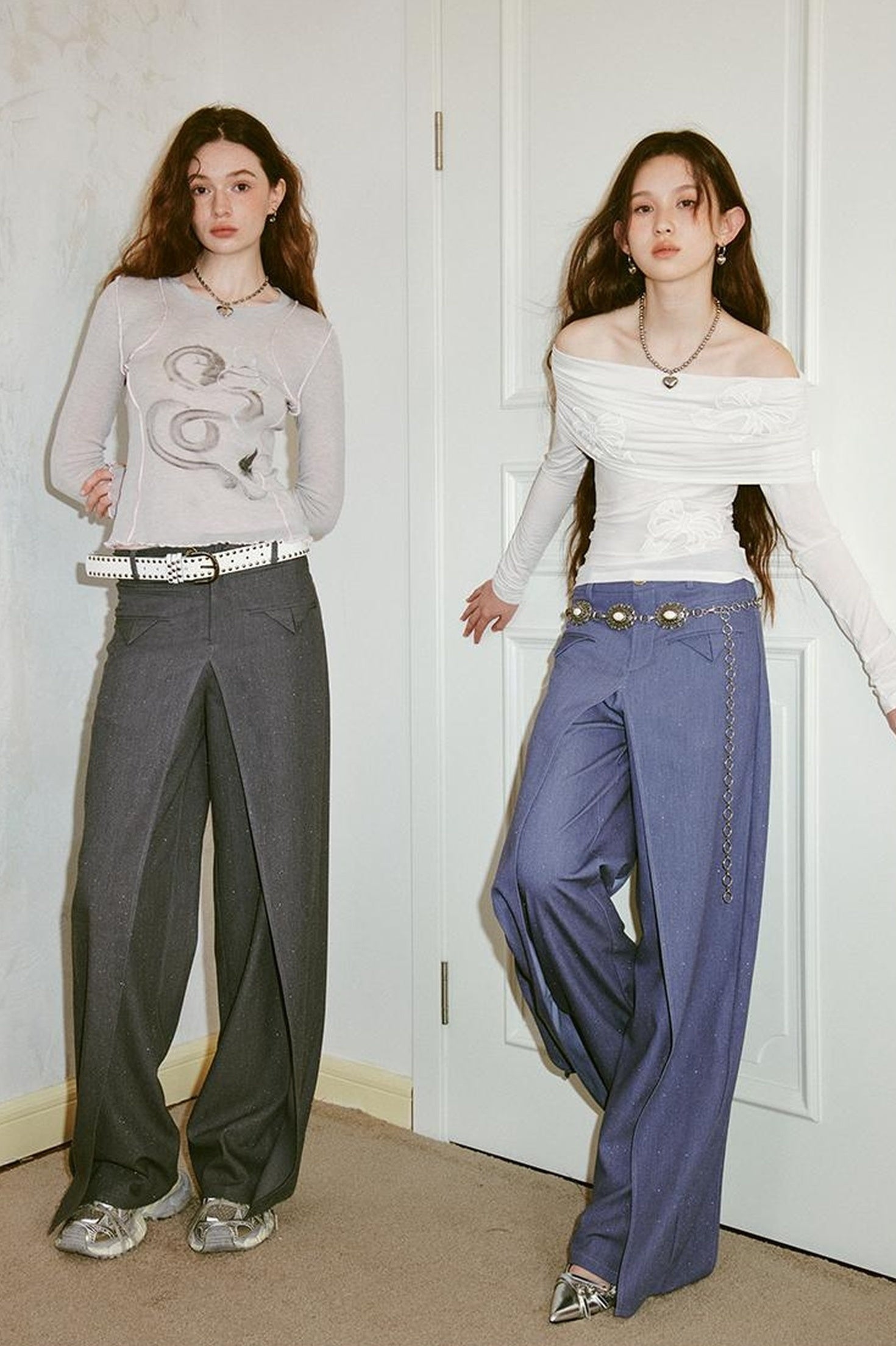 DIDDI MODA Deconstructed Glittery Wide Leg Banana Pants With Asymmetrical Panels