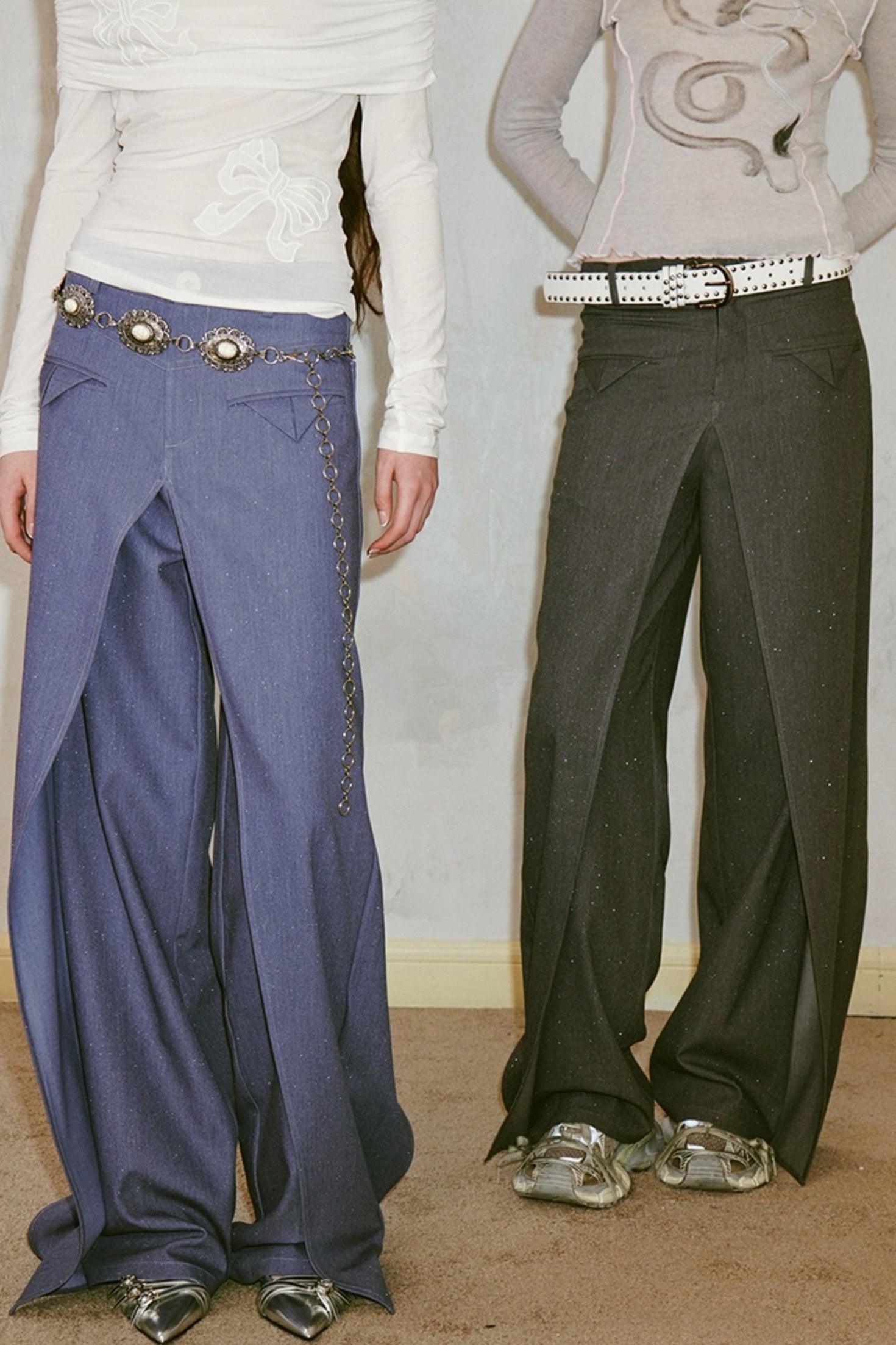 DIDDI MODA Deconstructed Glittery Wide Leg Banana Pants With Asymmetrical Panels