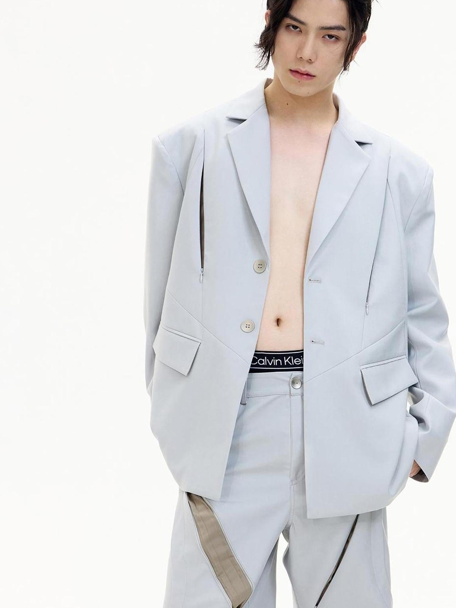 Peoplesense Deconstructed Grey Suit Jacket With Relaxed Fit For Spring Fall