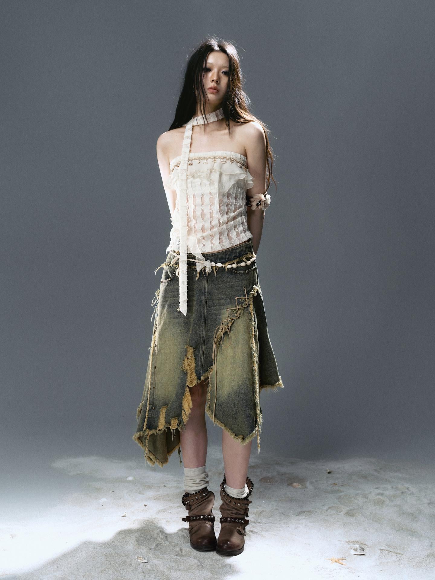 Cest Nous Deconstructed Patchwork Ripped Raw Hem Denim Dress