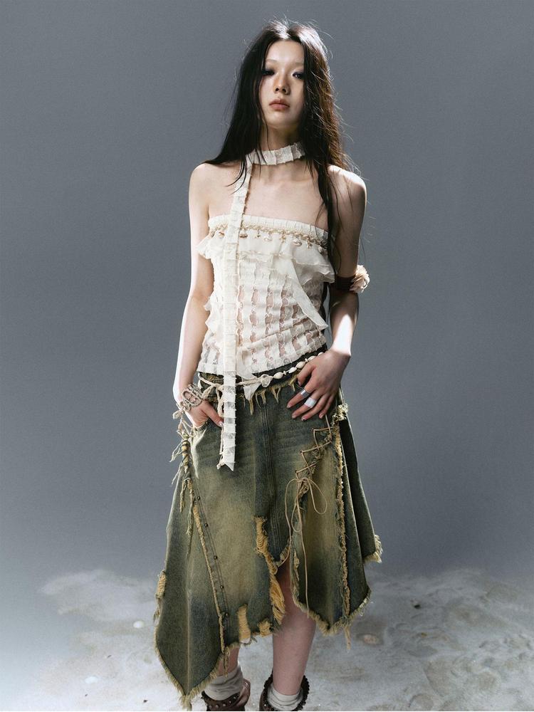 Cest Nous Deconstructed Patchwork Ripped Raw Hem Denim Dress