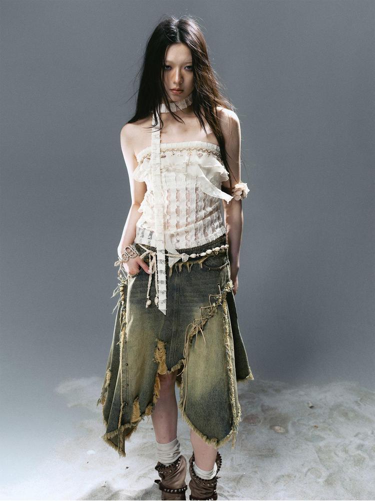 Cest Nous Deconstructed Patchwork Ripped Raw Hem Denim Dress