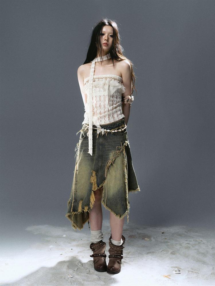 Cest Nous Deconstructed Patchwork Ripped Raw Hem Denim Dress