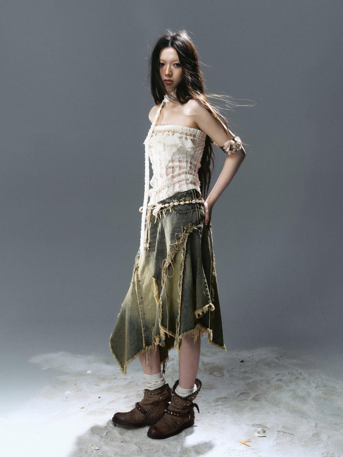 Cest Nous Deconstructed Patchwork Ripped Raw Hem Denim Dress