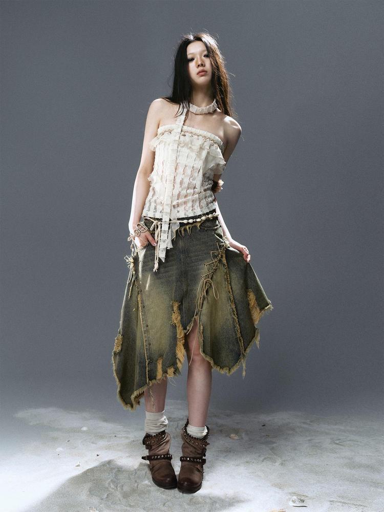 Cest Nous Deconstructed Patchwork Ripped Raw Hem Denim Dress