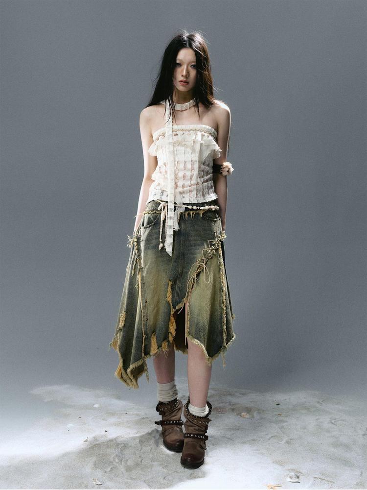 Cest Nous Deconstructed Patchwork Ripped Raw Hem Denim Dress