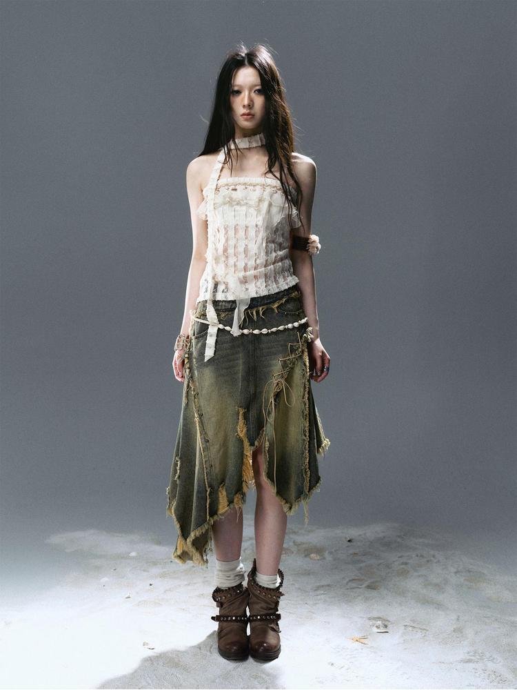 Cest Nous Deconstructed Patchwork Ripped Raw Hem Denim Dress