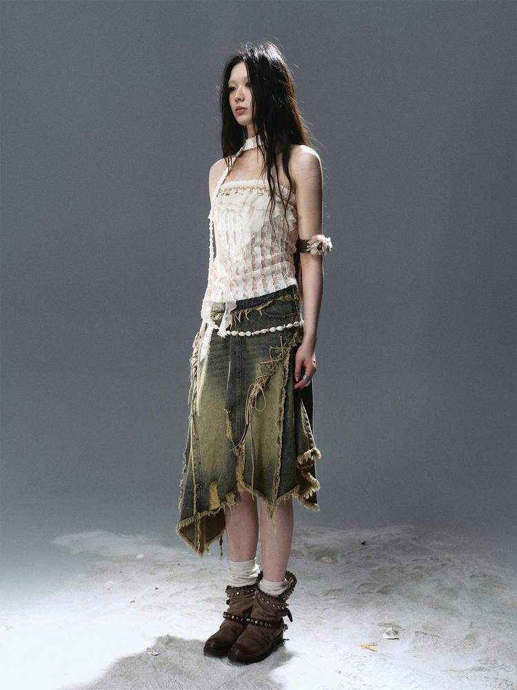 Cest Nous Deconstructed Patchwork Ripped Raw Hem Denim Dress
