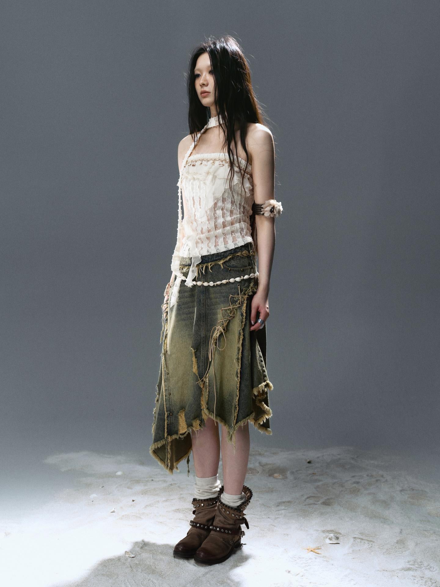Cest Nous Deconstructed Patchwork Ripped Raw Hem Denim Dress
