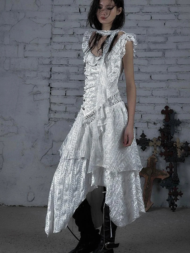 Deconstructed Ruffled Lace Velvet Ballet Strappy Dress