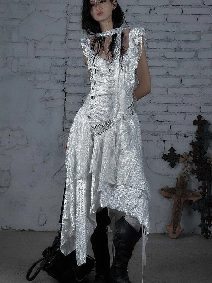 Deconstructed Ruffled Lace Velvet Ballet Strappy Dress