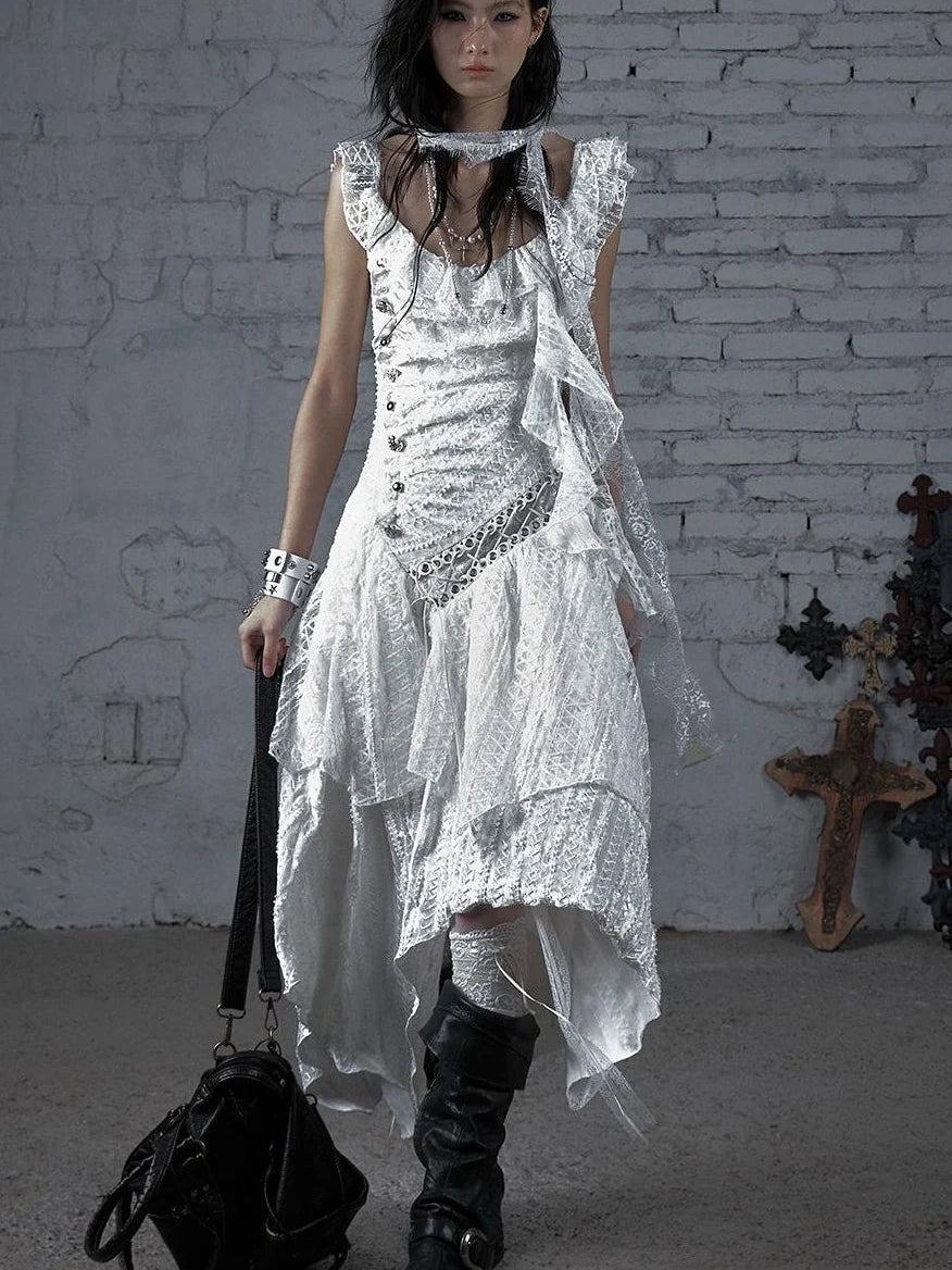 Deconstructed Ruffled Lace Velvet Ballet Strappy Dress