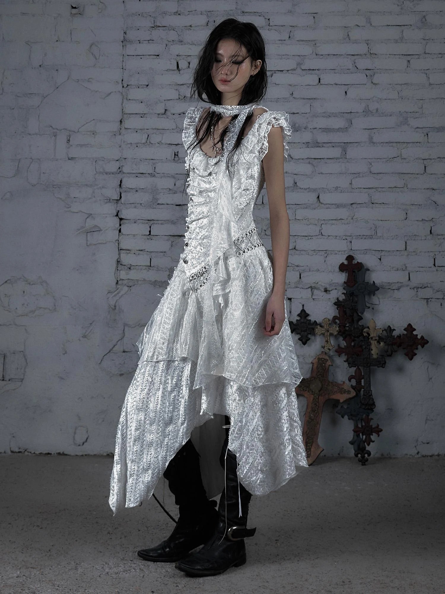 Deconstructed Ruffled Lace Velvet Ballet Strappy Dress