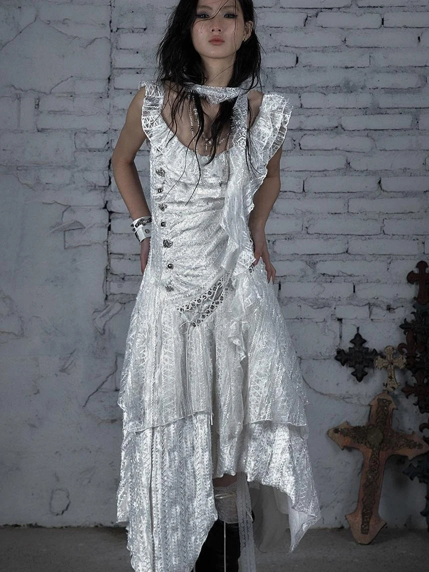 Deconstructed Ruffled Lace Velvet Ballet Strappy Dress