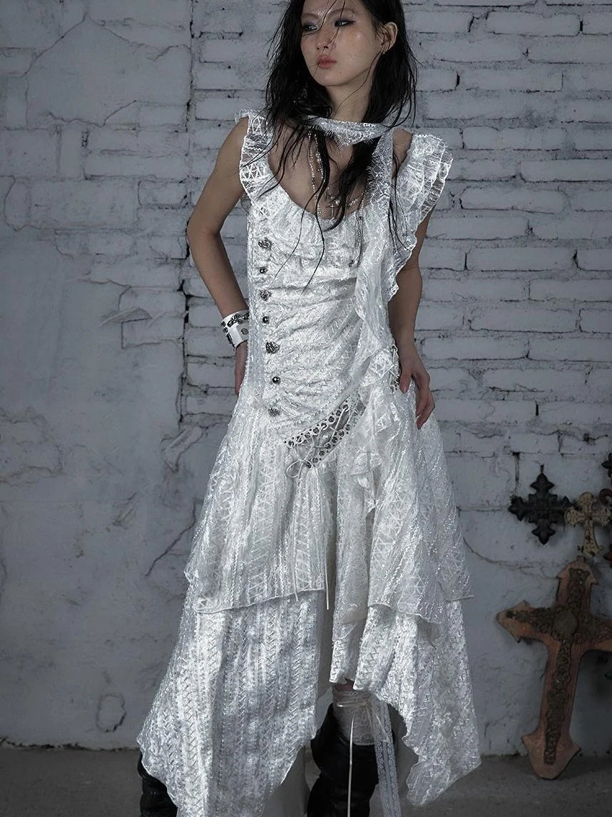 Deconstructed Ruffled Lace Velvet Ballet Strappy Dress
