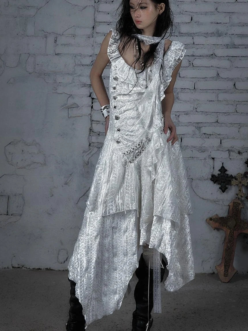 Deconstructed Ruffled Lace Velvet Ballet Strappy Dress