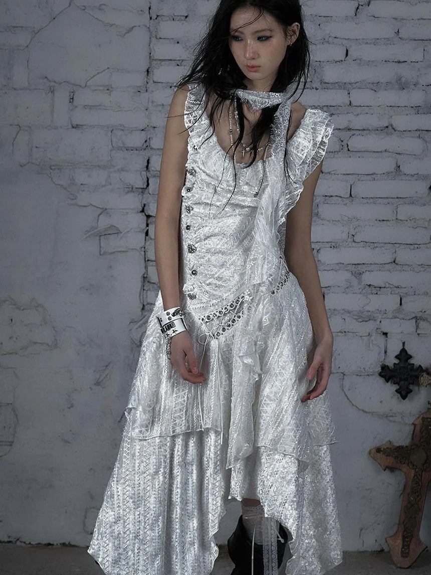 Deconstructed Ruffled Lace Velvet Ballet Strappy Dress