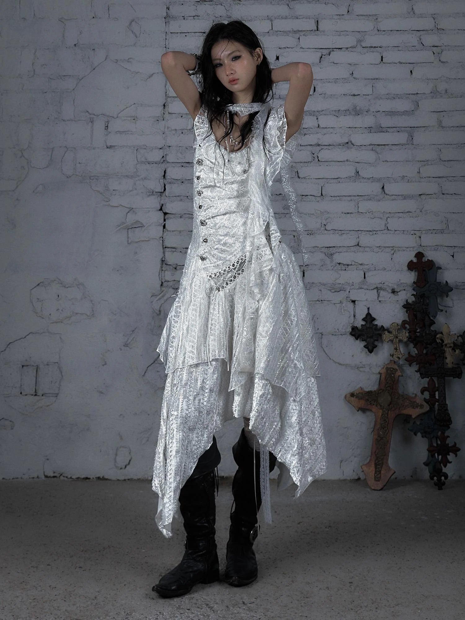 Deconstructed Ruffled Lace Velvet Ballet Strappy Dress