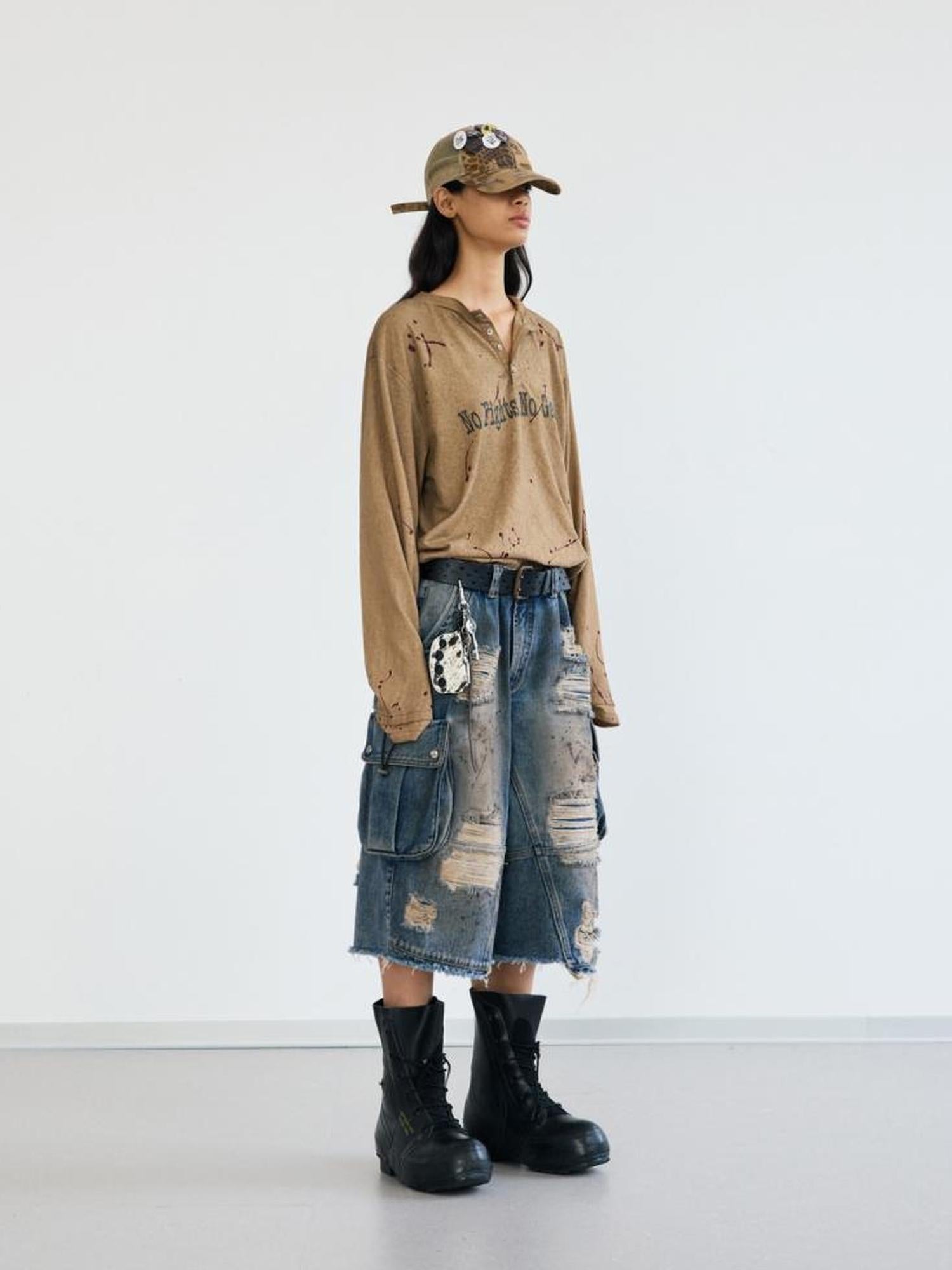 Peoplesense Deconstructed Washed Ripped Cropped Denim Trousers