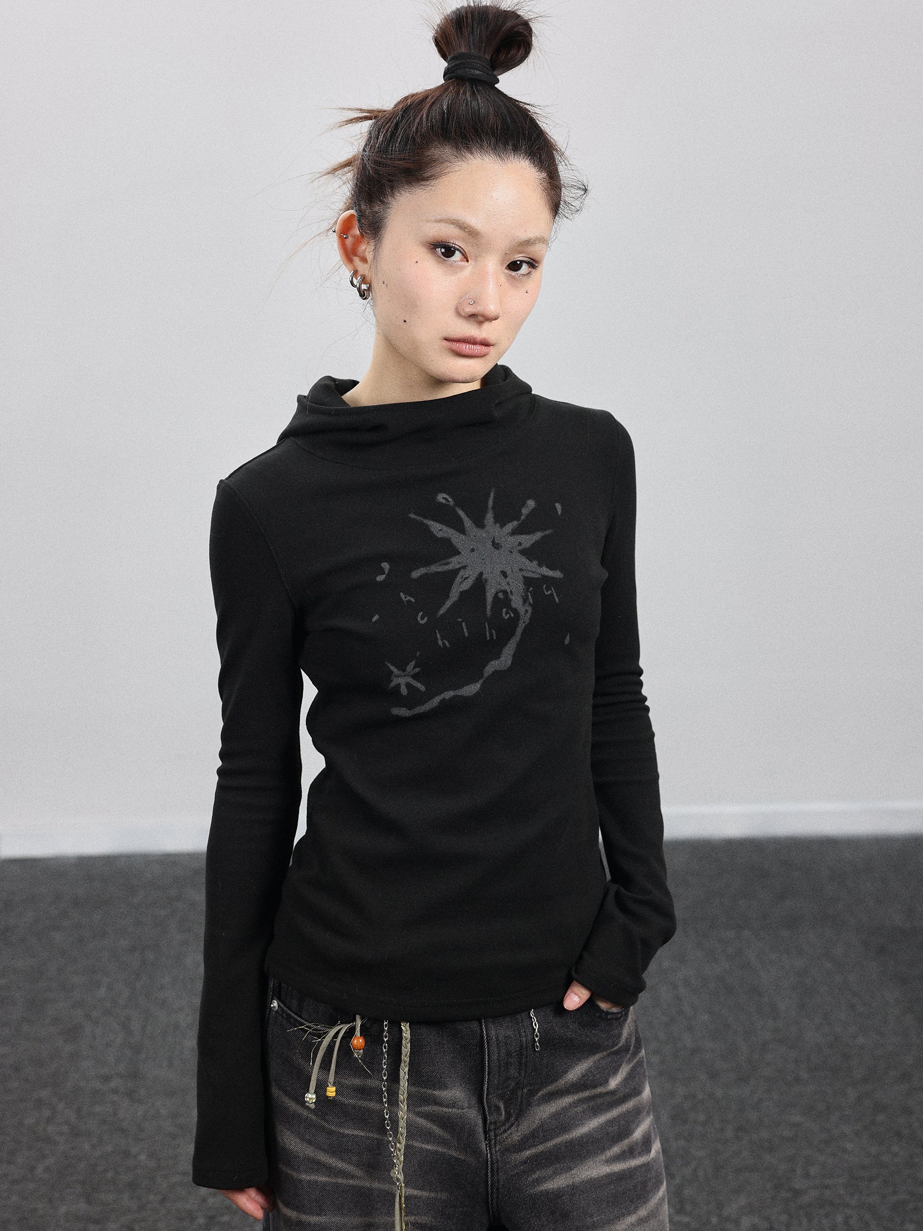 Achihara Hooded Star Print Thermal Long Sleeve T Shirt