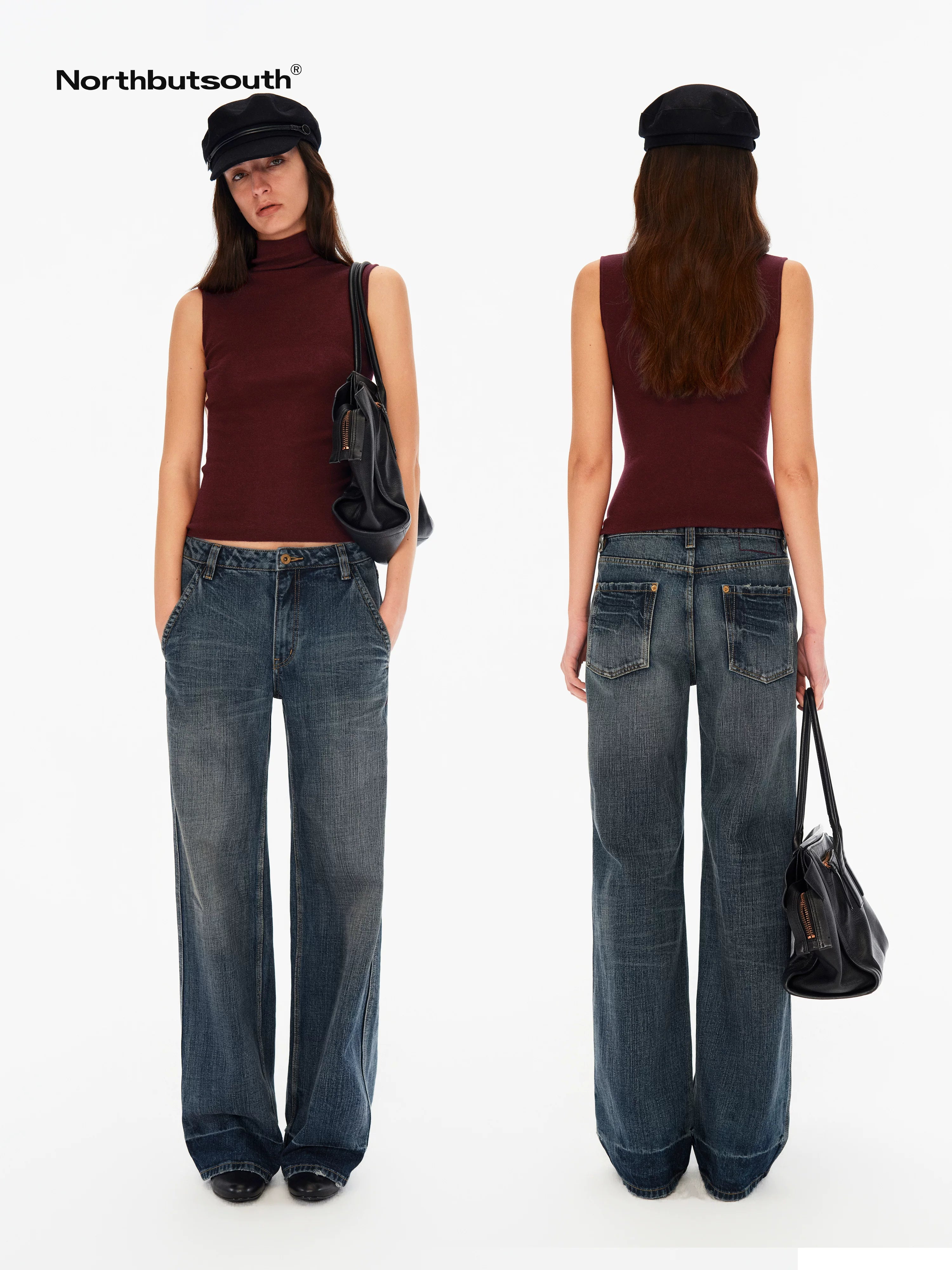 Deep Blue Washed Whisker Slanted Pockets Women&