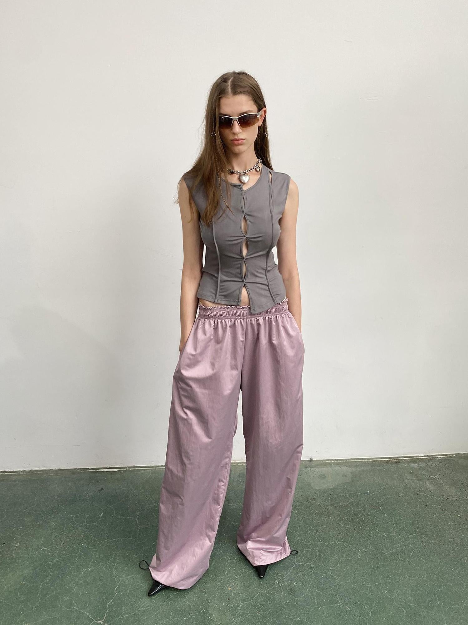 Delivery Asymmetric Hem Gray Scoop Neck Cutout Sleeveless Tee