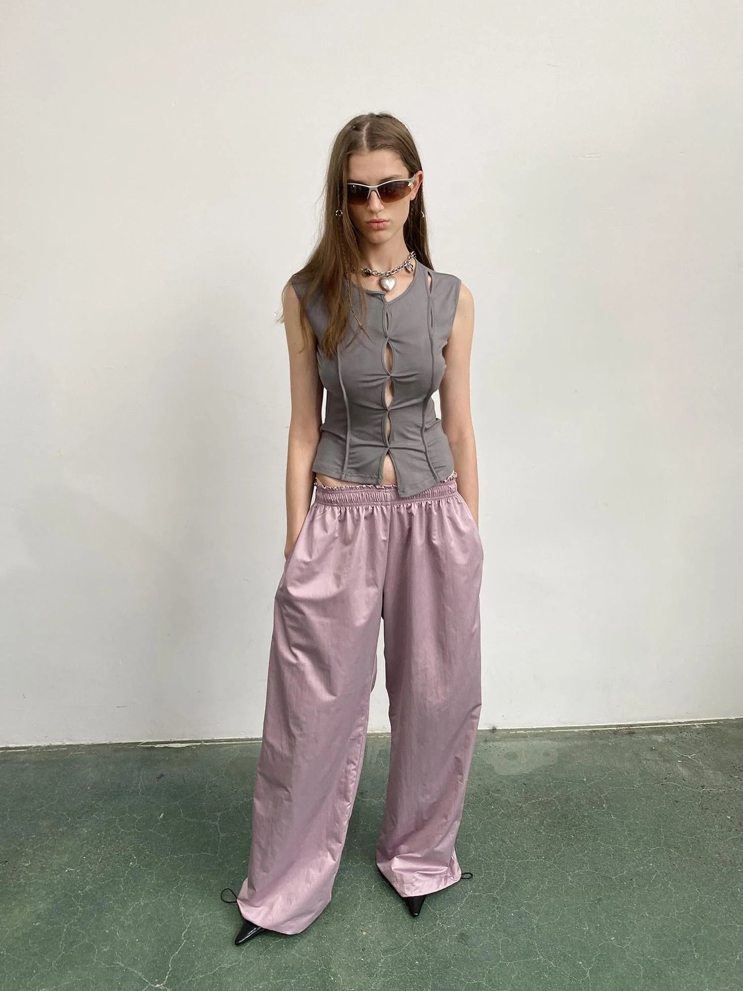 Asymmetric Hem Gray Scoop Neck Cutout Sleeveless Tee