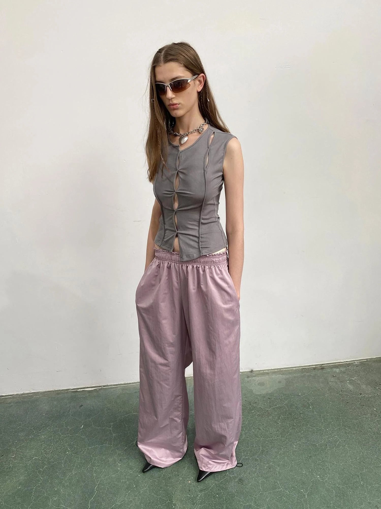 Asymmetric Hem Gray Scoop Neck Cutout Sleeveless Tee