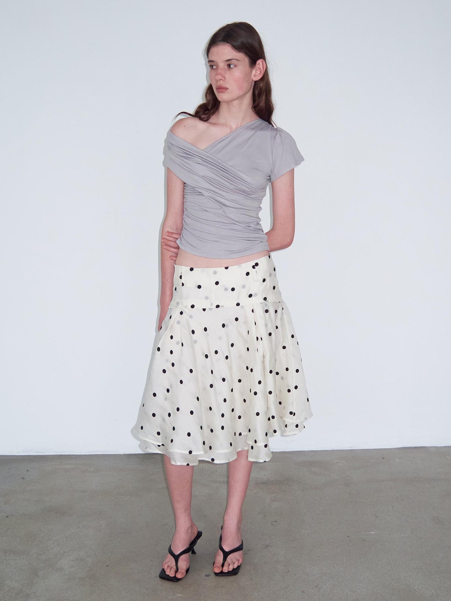 Delivery Asymmetric Pleated Sleeveless T-Shirt Multi-Way Wear Light Gray