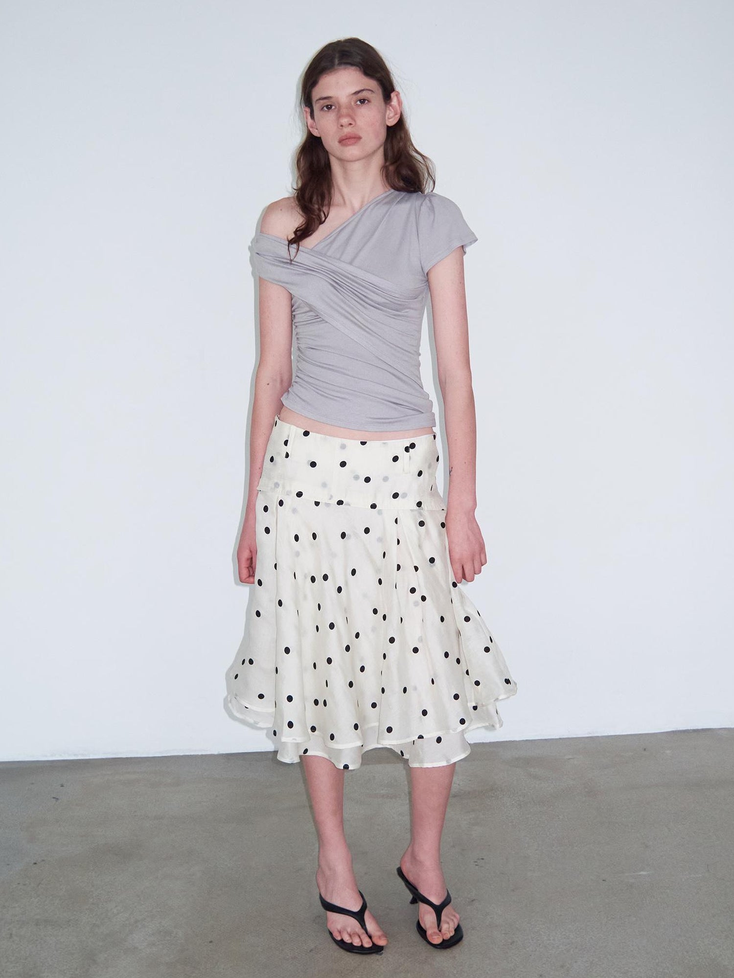 Delivery Asymmetric Pleated Sleeveless T-Shirt Multi-Way Wear Light Gray