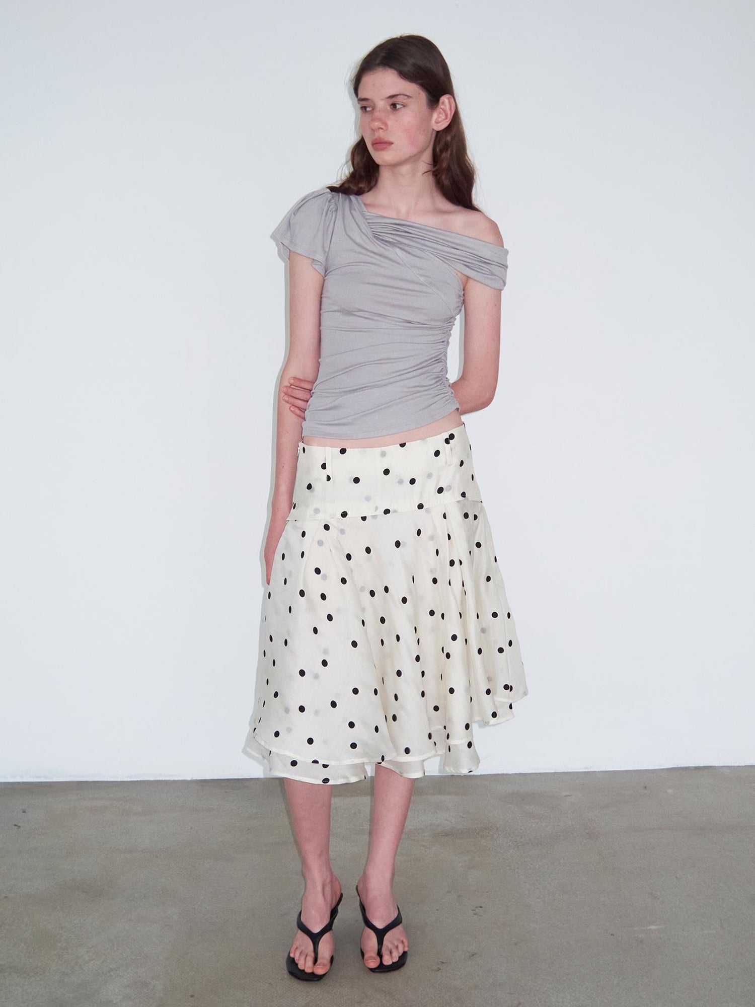 Delivery Asymmetric Pleated Sleeveless T-Shirt Multi-Way Wear Light Gray