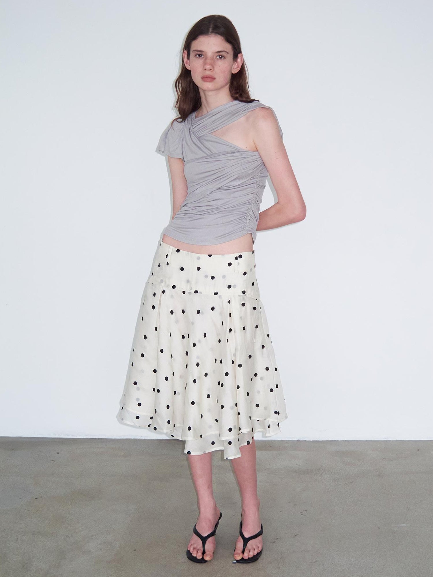 Delivery Asymmetric Pleated Sleeveless T-Shirt Multi-Way Wear Light Gray