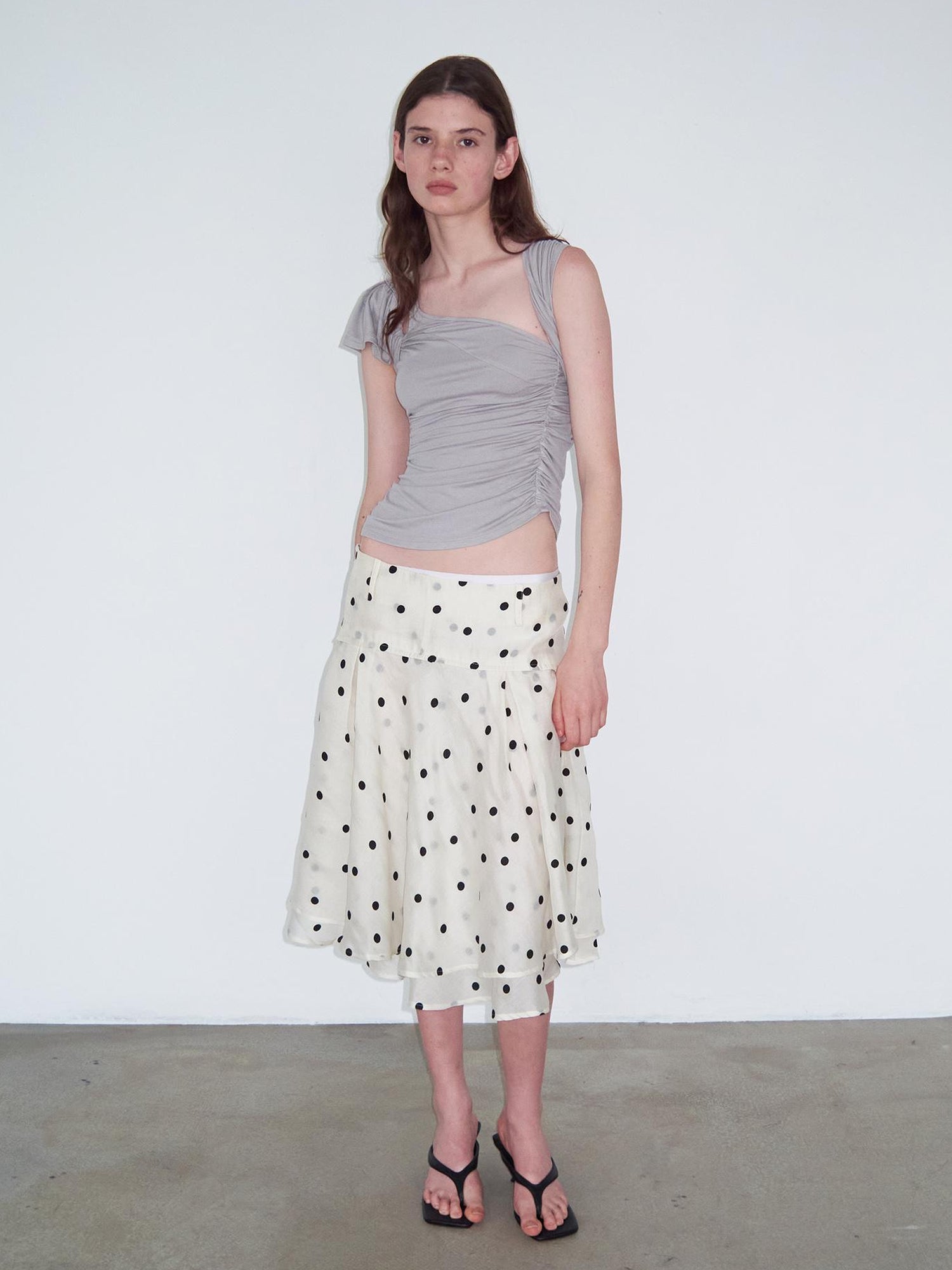 Delivery Asymmetric Pleated Sleeveless T-Shirt Multi-Way Wear Light Gray