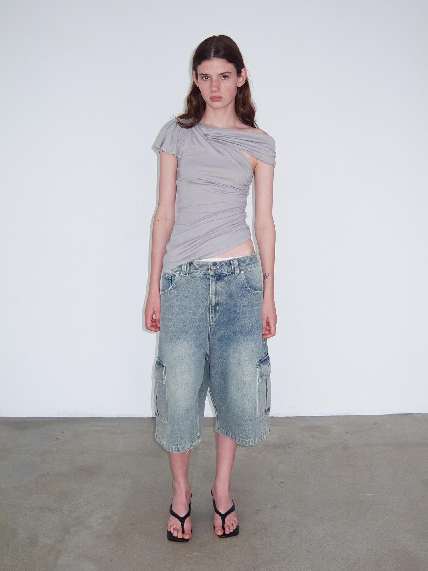 Delivery Asymmetric Pleated Sleeveless T-Shirt Multi-Way Wear Light Gray