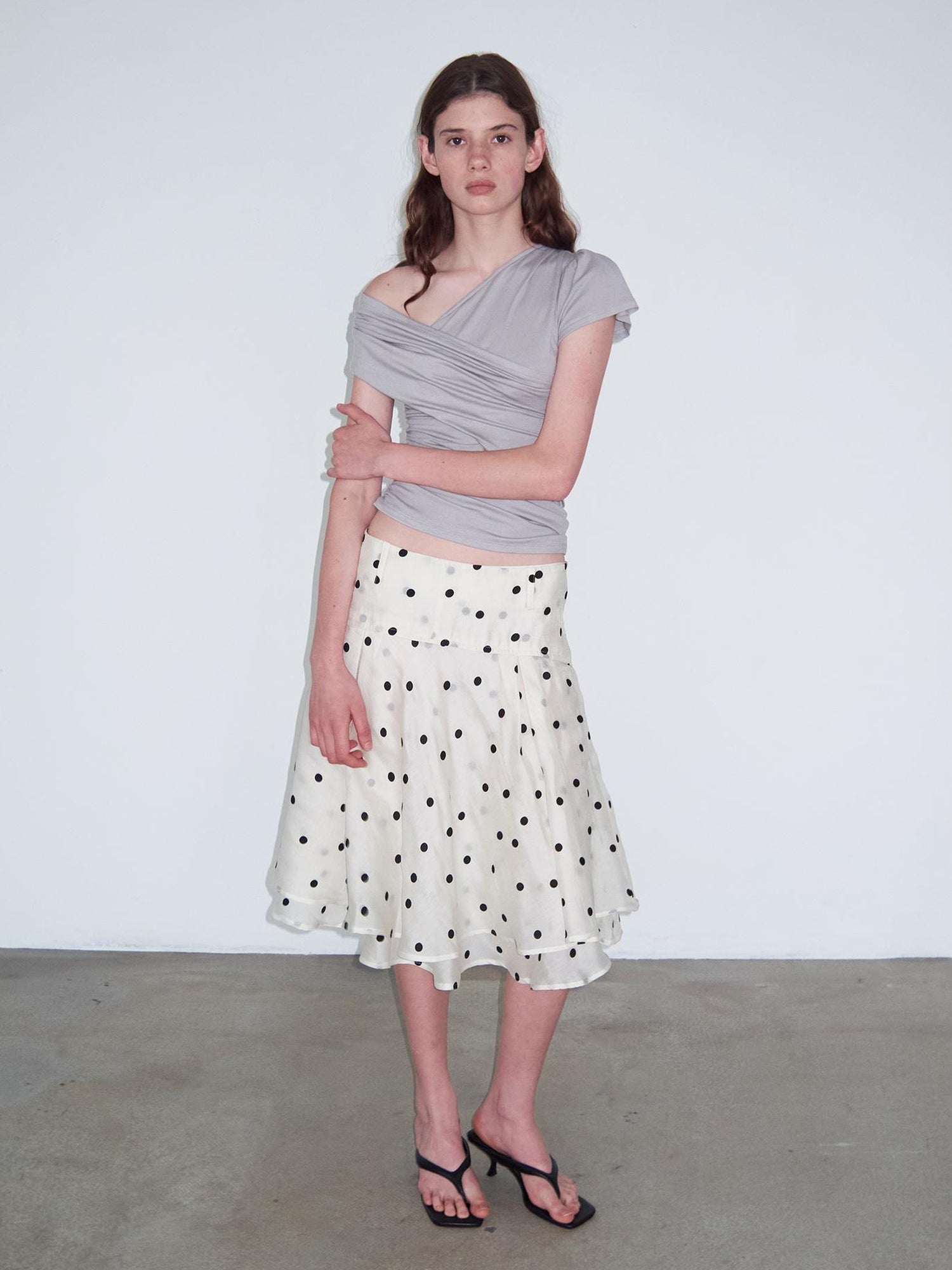 Delivery Asymmetric Pleated Sleeveless T-Shirt Multi-Way Wear Light Gray