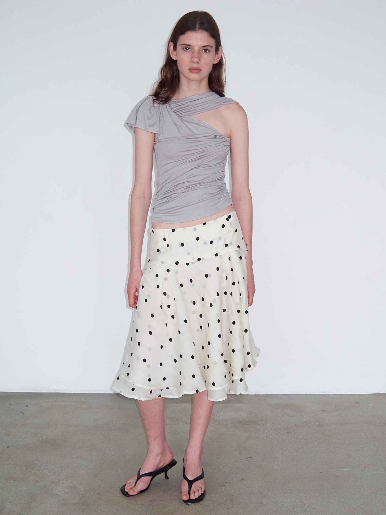 Delivery Asymmetric Pleated Sleeveless T-Shirt Multi-Way Wear Light Gray