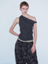 Delivery Asymmetric Shoulder Pleated Knit Top With Gray Polka Dot
