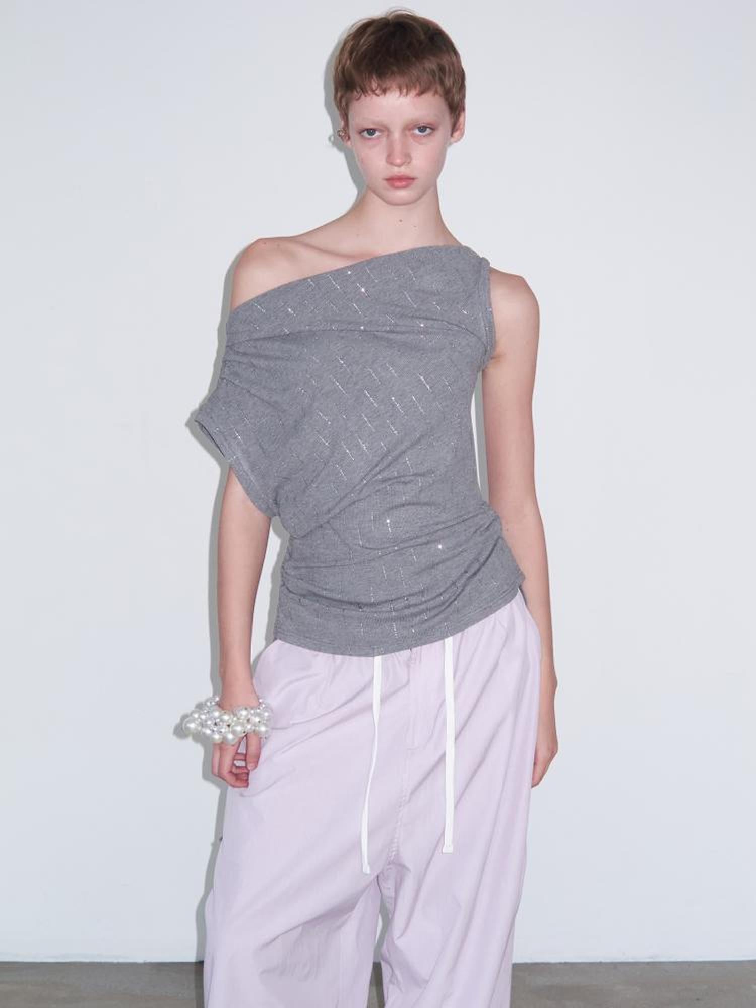 Delivery Asymmetric Shoulder Ruffle Top With Drawstring And Metallic Detail