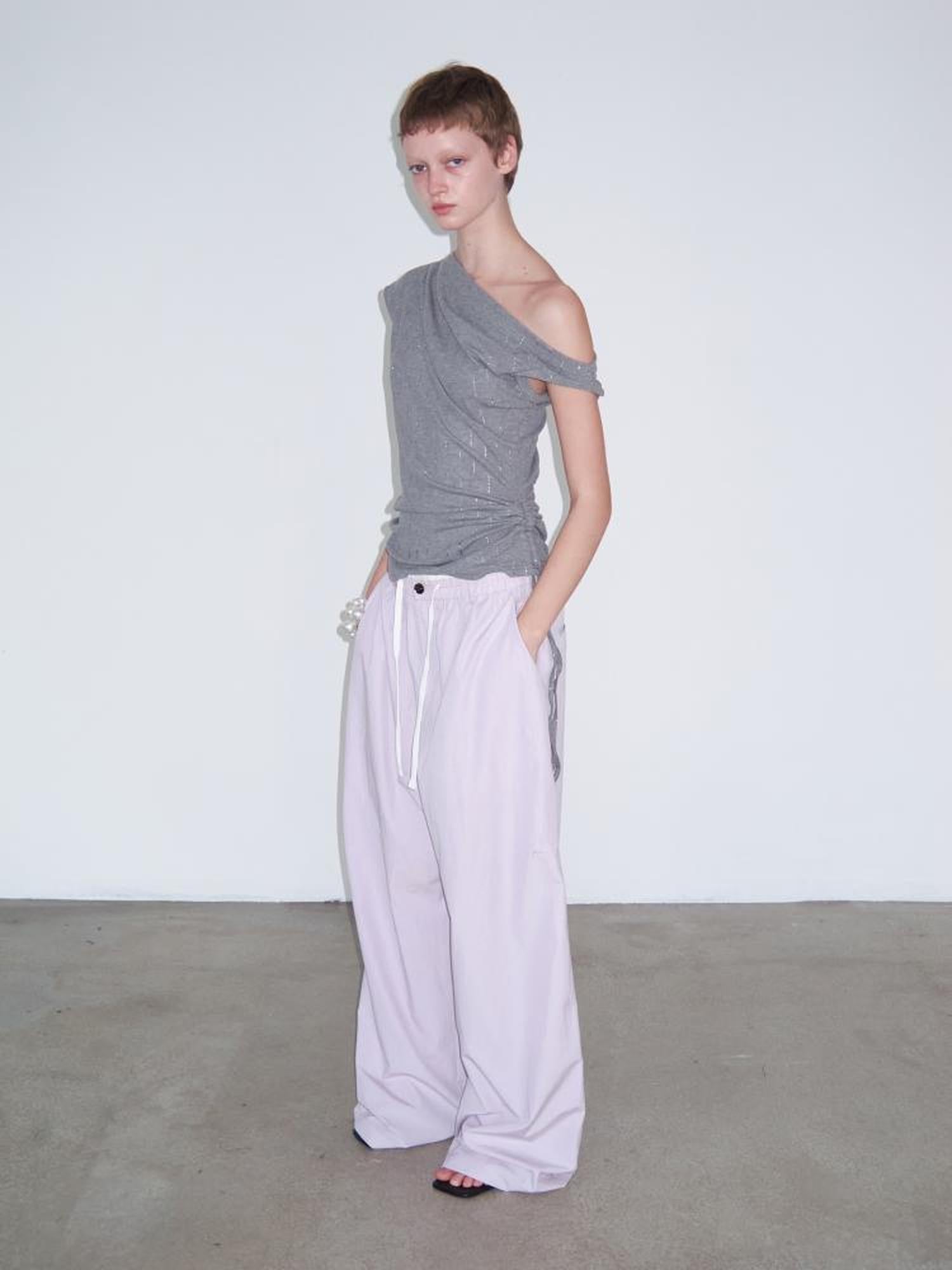 Delivery Asymmetric Shoulder Ruffle Top With Drawstring And Metallic Detail