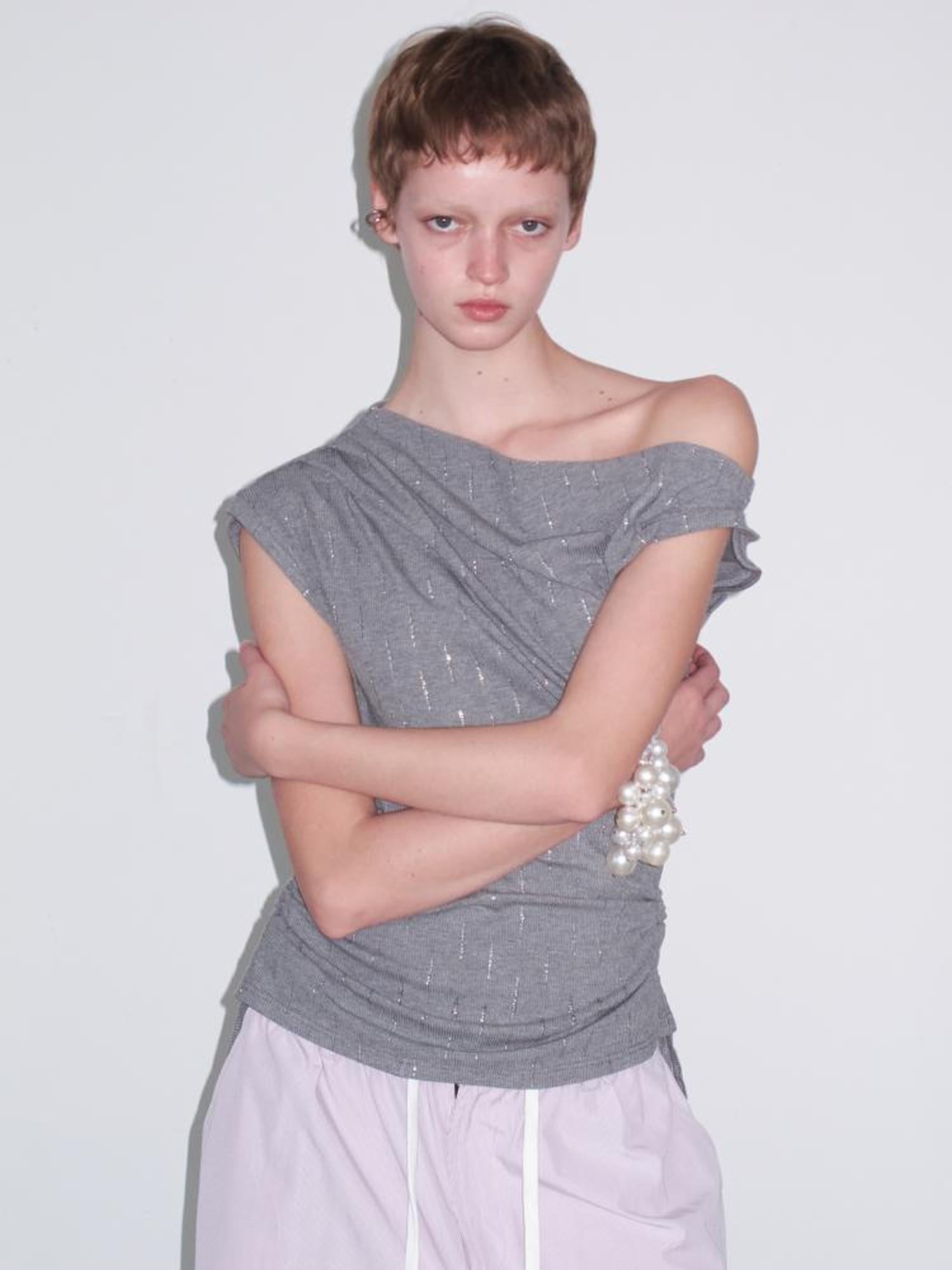 Delivery Asymmetric Shoulder Ruffle Top With Drawstring And Metallic Detail