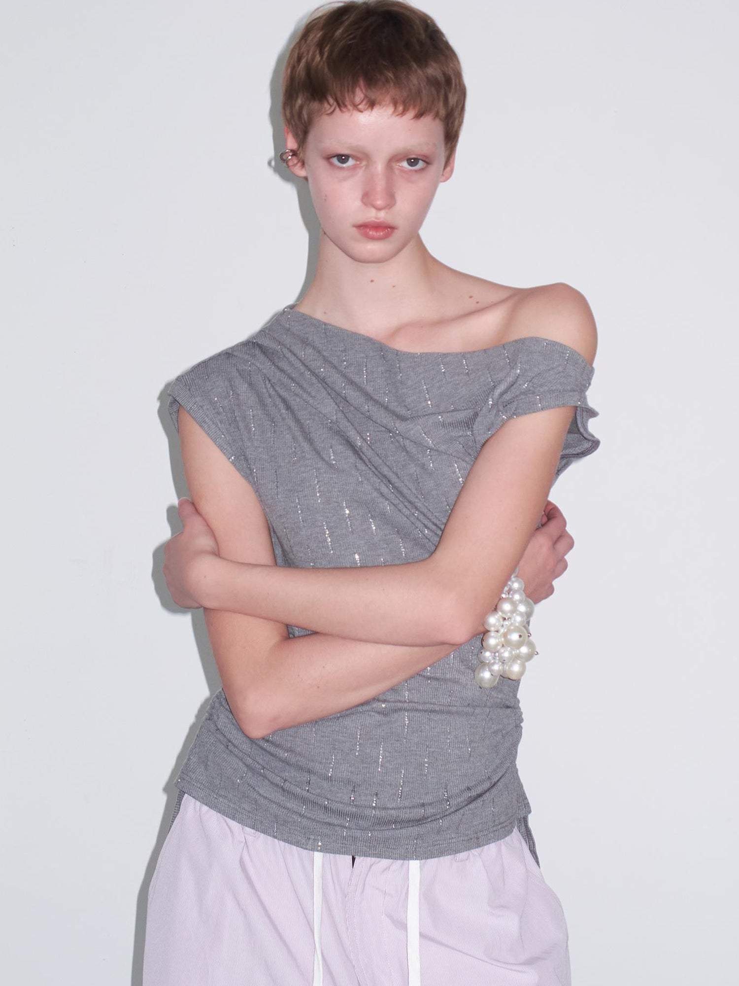Delivery Asymmetric Shoulder Ruffle Top With Drawstring And Metallic Detail